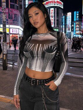 SHEIN Round Neck Long Sleeve Ultra Sheer Bra Print Mesh Stylish Top Without Bra